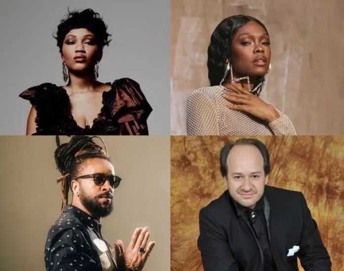 As cantoras Luedji Luna e Xênia França (acima); O rapper Rael e o maestro Wagner Polistchuk — Foto: Divulgação